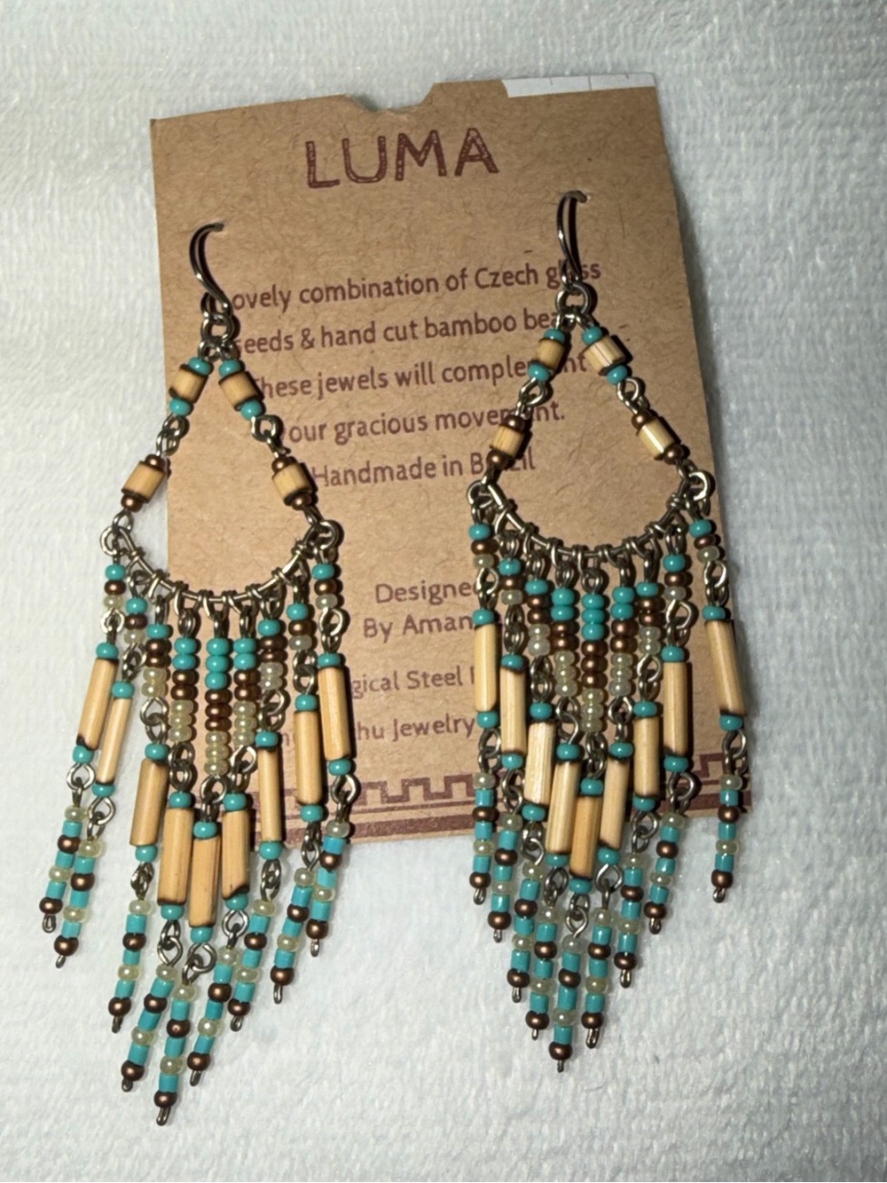 NEW. NWT. Turquoise Bead Fringe Hoop Earrings - Boho Bamboo Accent